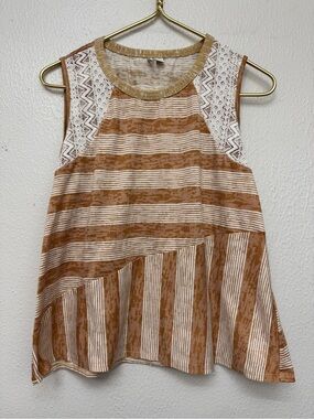 Cato Sleeveless Striped Lace-Panel Tank Top in Tan and White Size XL